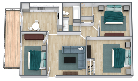 Floor plan for 3 beds, 1 bath, 1074 sqft